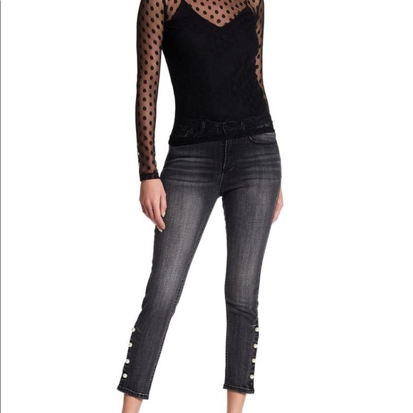 KENSIE Ankle Crop Pearl Accent High Rise Denim Jeans in Black - Picture 3 of 11